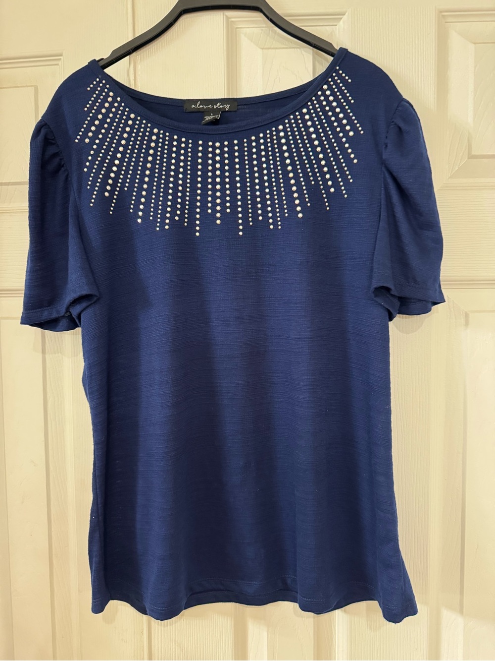 A Love Story Top Blue Rhinestone Short Sleeve Blouse Summer Tee Womens Sz L Y2K